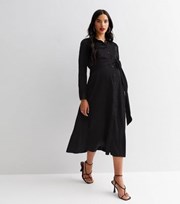 New Look Maternity Black Satin Long Sleeve Belted Midi Shirt Dress